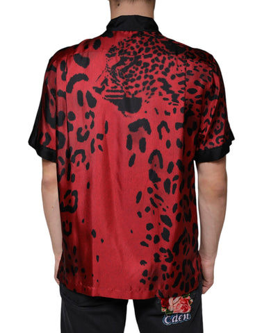 Dolce & Gabbana red leopard silk casual button-down shirt with classic collar and long sleeves.