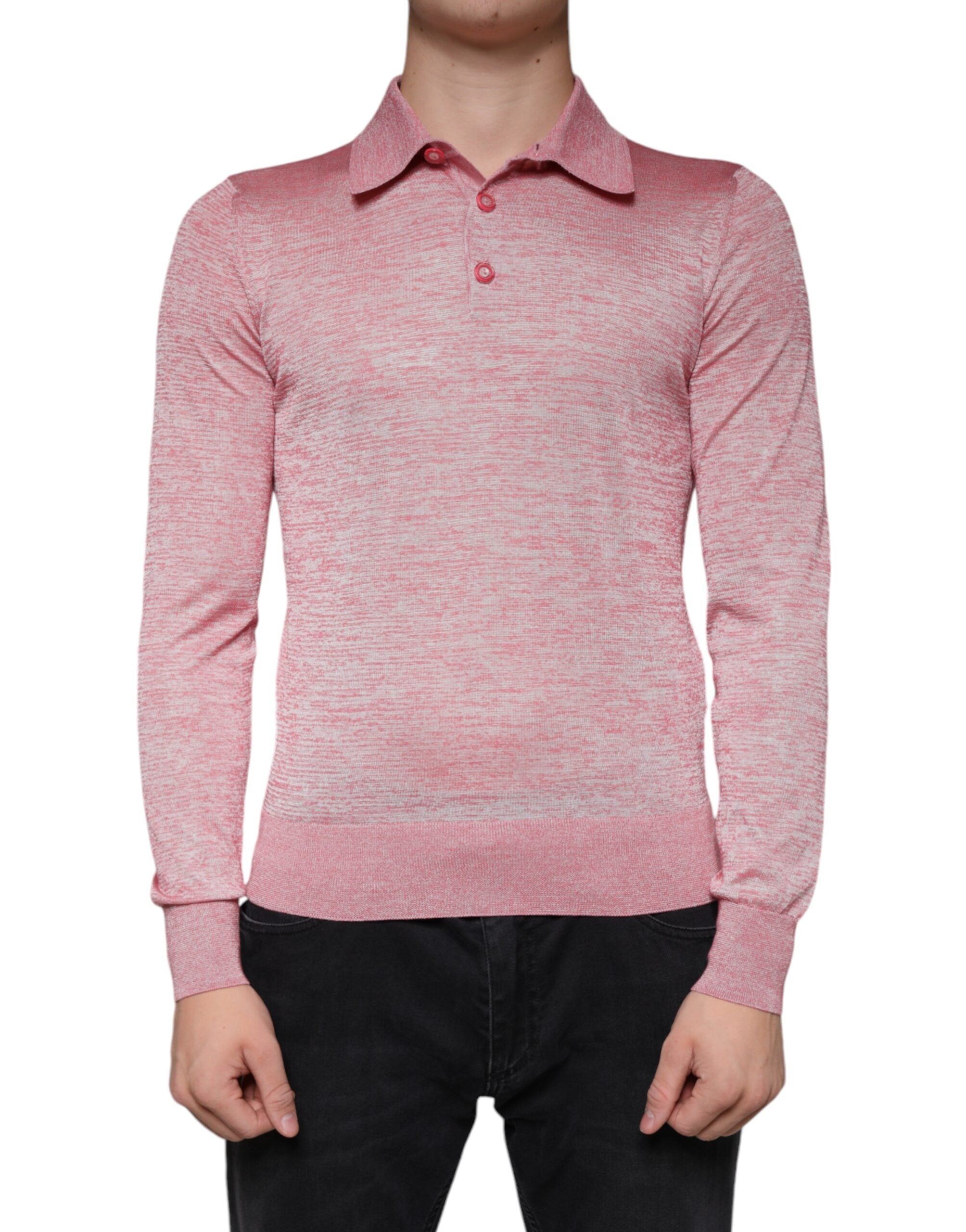 Pink polyester long sleeve men's polo T-shirt by Dolce & Gabbana, showing the front view with collar and button placket.