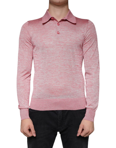 Pink polyester long sleeve men's polo T-shirt by Dolce & Gabbana, showing the front view with collar and button placket.