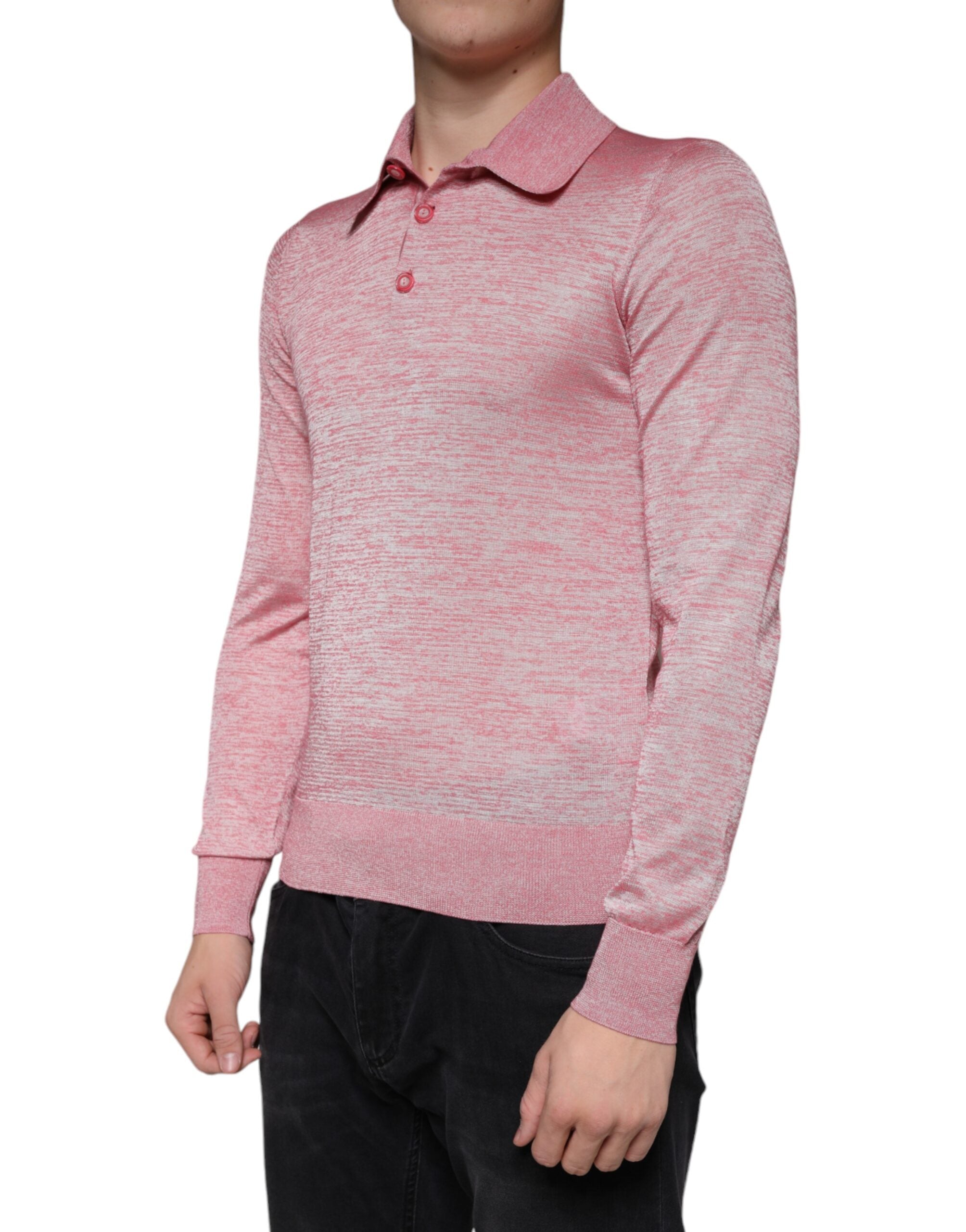 Pink polyester long sleeve men's polo T-shirt by Dolce & Gabbana, featuring a classic fit and subtle branding.