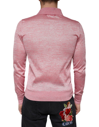 Pink polyester long sleeve men's polo T-shirt by Dolce & Gabbana, shown on a plain background with collar and button details.