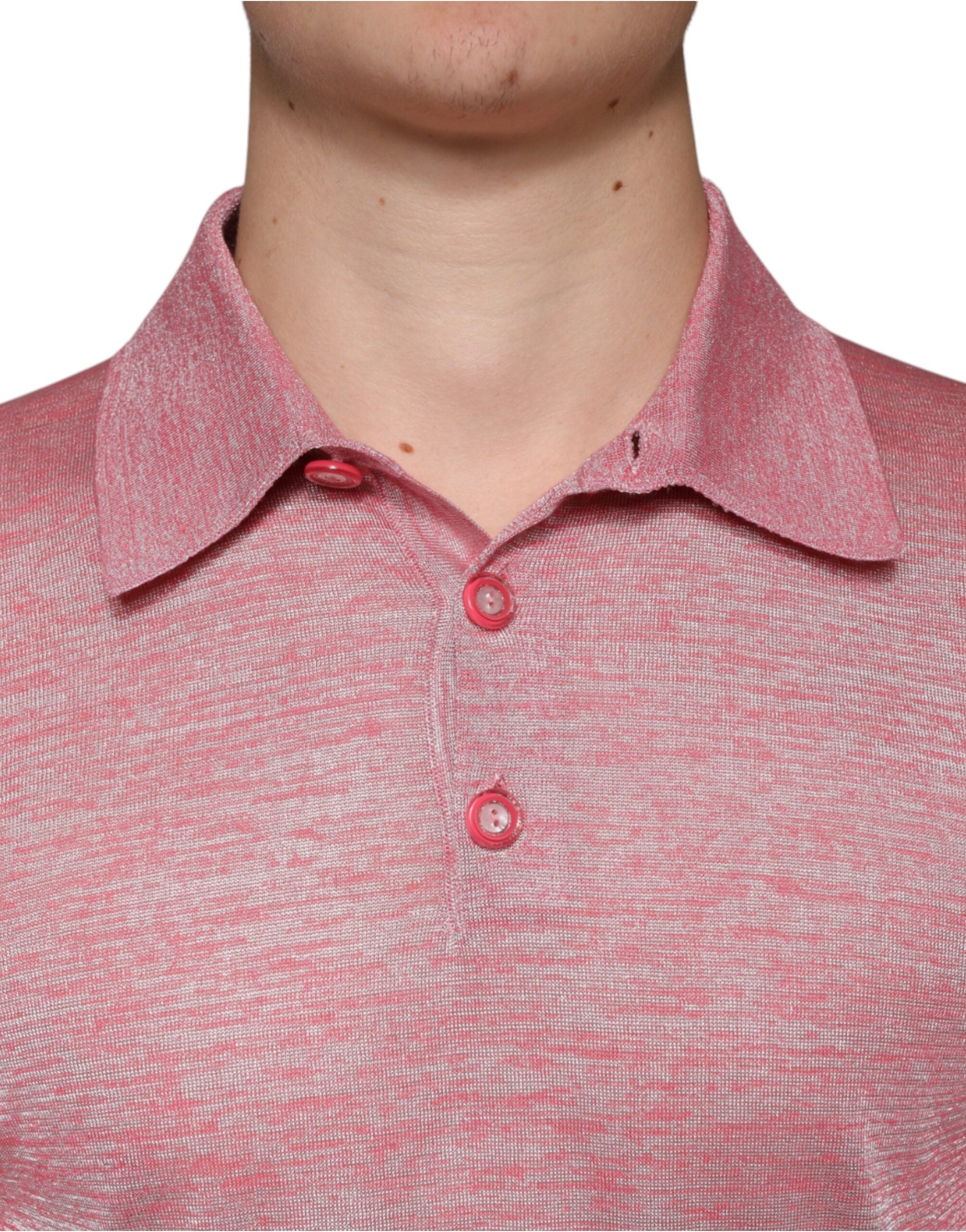 Pink Dolce & Gabbana polyester long sleeve men's polo T-shirt shown on a model.