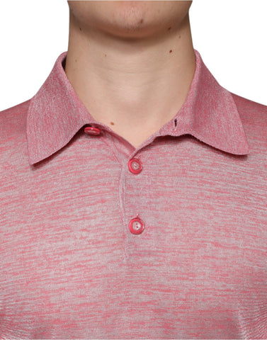 Pink Dolce & Gabbana polyester long sleeve men's polo T-shirt shown on a model.