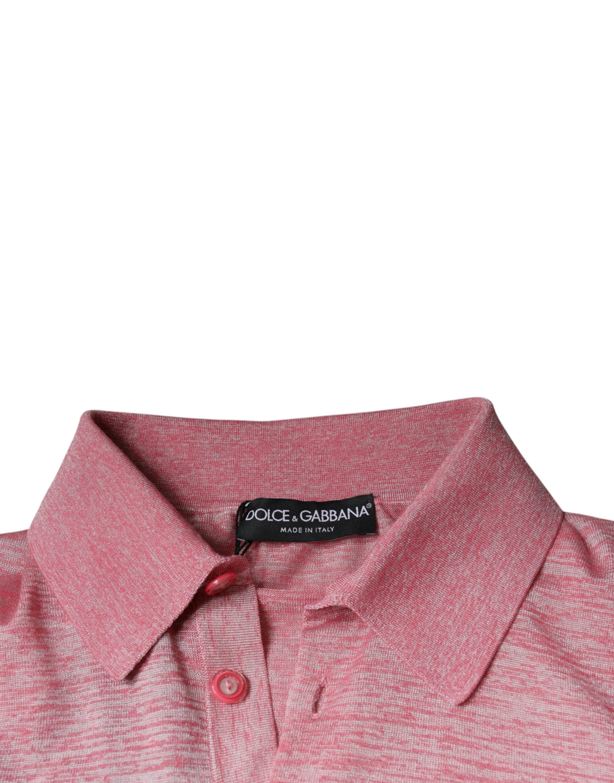 Pink polyester long sleeve men's polo t-shirt by Dolce & Gabbana displayed on a model.