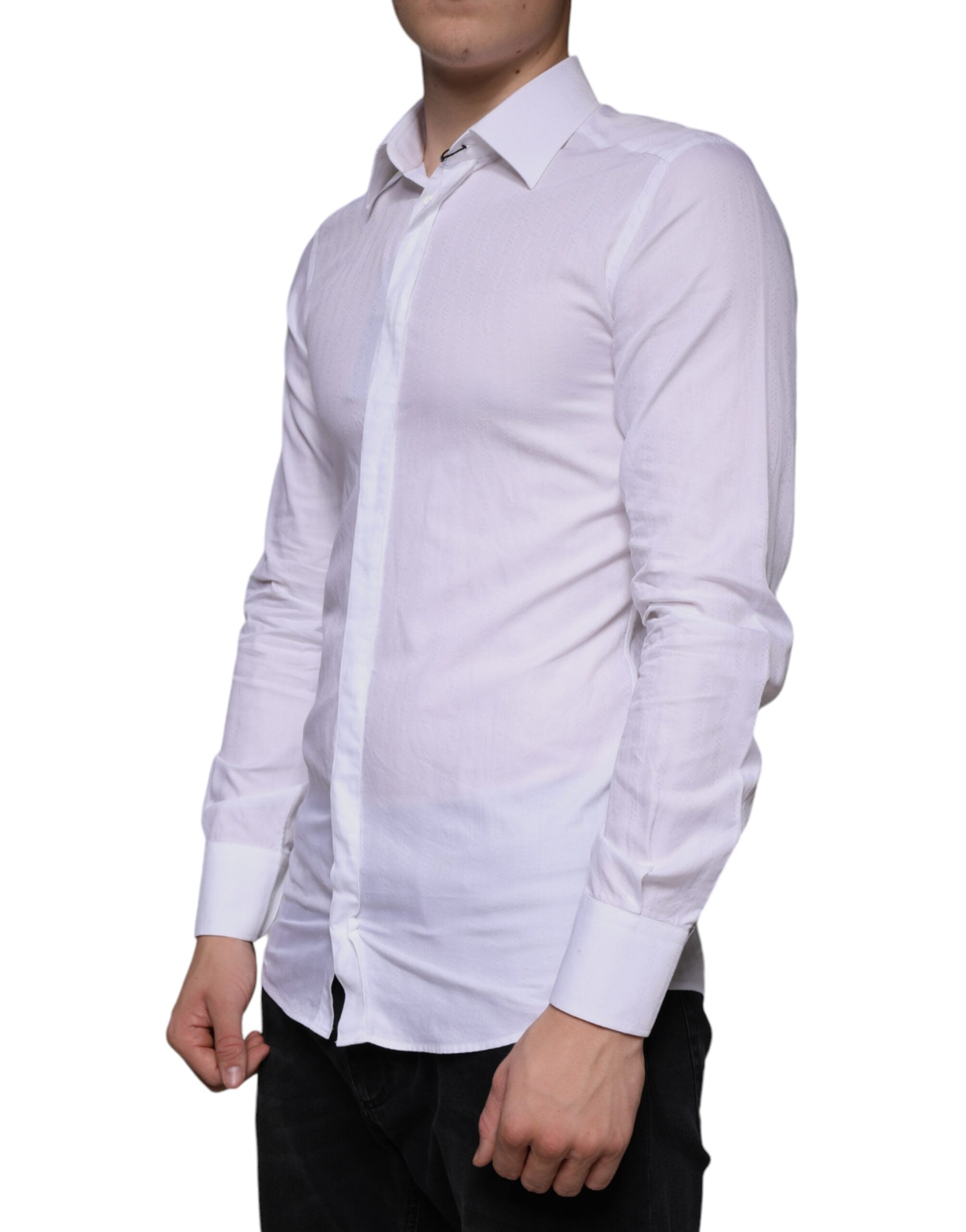 White cotton men's formal dress shirt by Dolce & Gabbana, featuring a classic gold-button design and tailored fit.