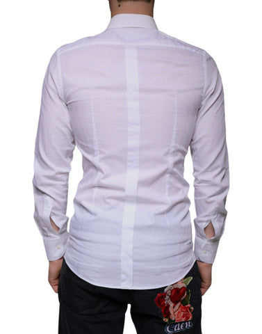 White cotton men's dress shirt by Dolce & Gabbana, featuring a gold-tone formal design and classic collar.