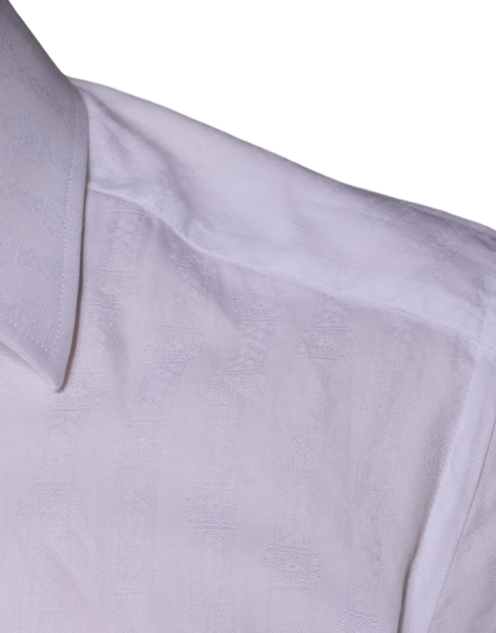 White cotton men's dress shirt by Dolce & Gabbana, formal gold accents, tailored fit, long sleeves, classic collar.