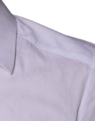 White cotton men's dress shirt by Dolce & Gabbana, formal gold accents, tailored fit, long sleeves, classic collar.