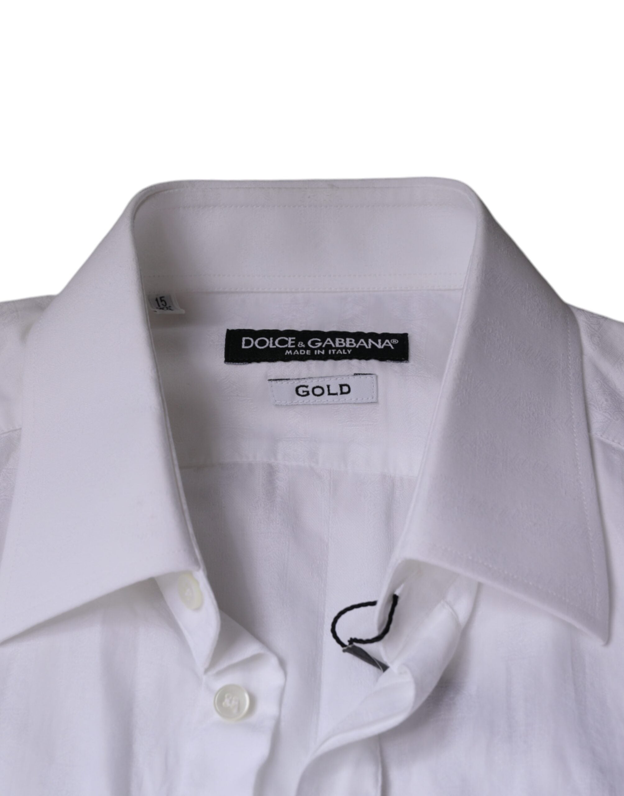 White cotton men's dress shirt by Dolce & Gabbana, formal gold accents, tailored fit, classic collar, long sleeves, elegant design