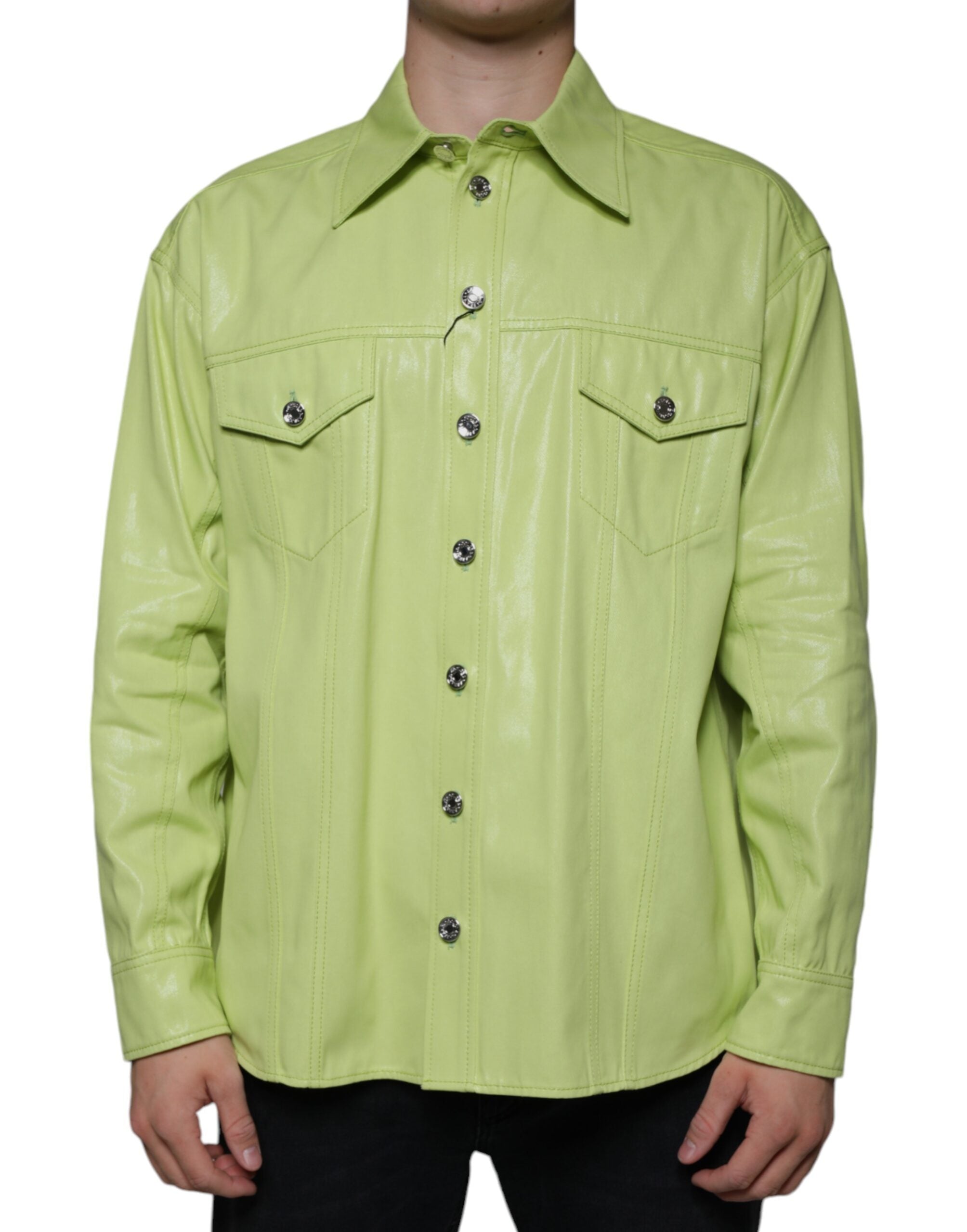 Green cotton collared men's button-down shirt by Dolce & Gabbana, shown laid flat with front view and collar details.
