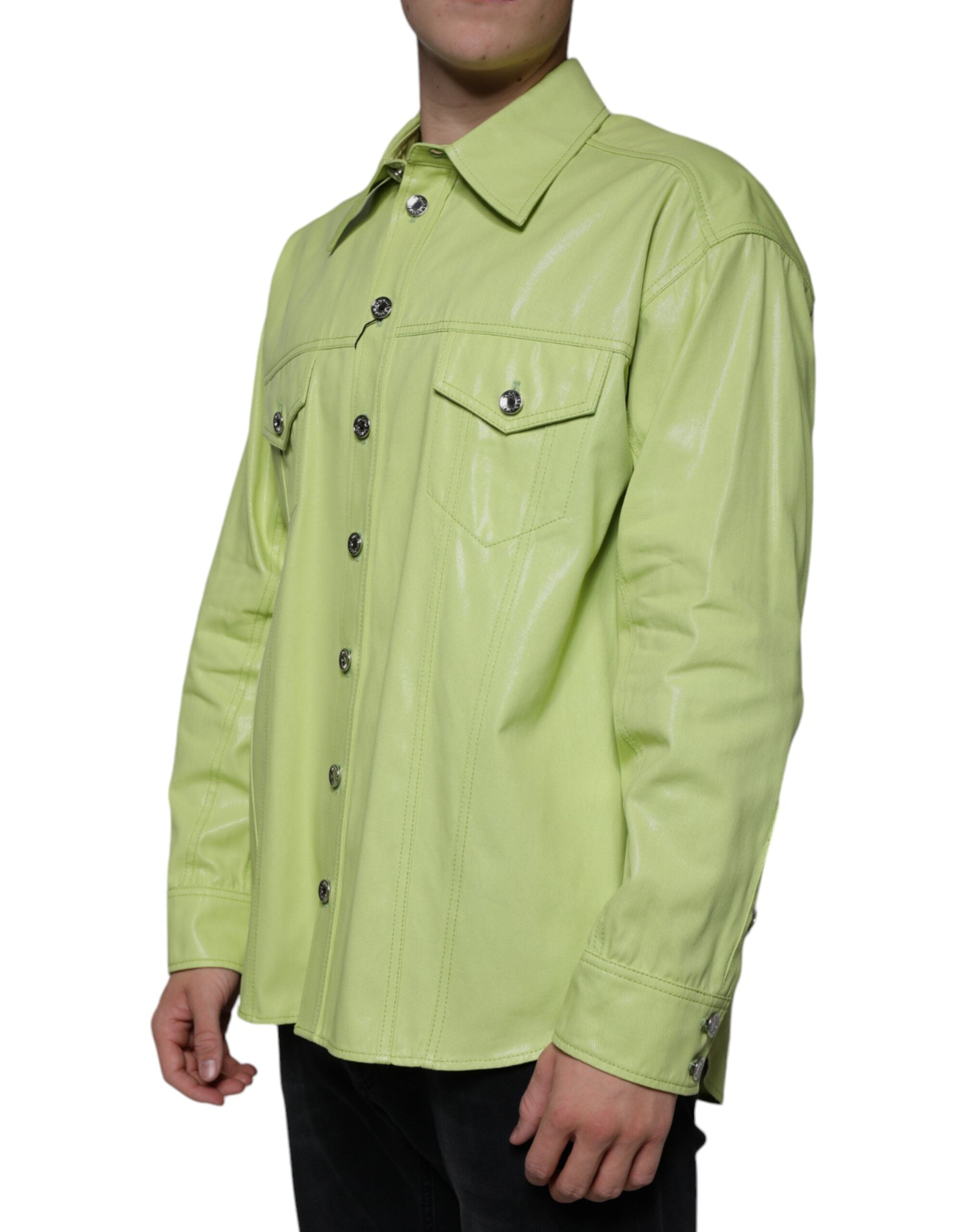 Green cotton collared men's button-down shirt by Dolce & Gabbana, shown flat with front view and collar details.