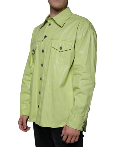 Green cotton collared men's button-down shirt by Dolce & Gabbana, shown flat with front view and collar details.