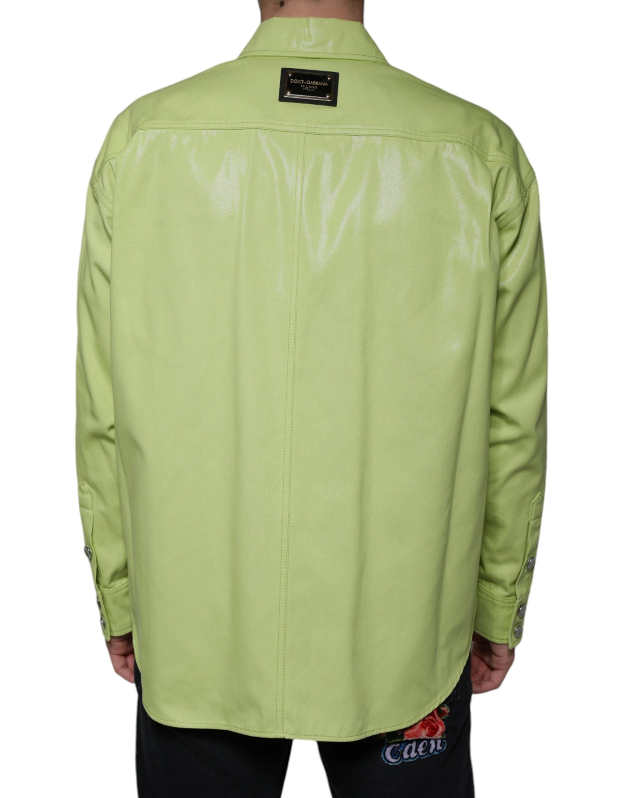 Green cotton collared men's button-down shirt by Dolce & Gabbana, displayed on a hanger with front view.