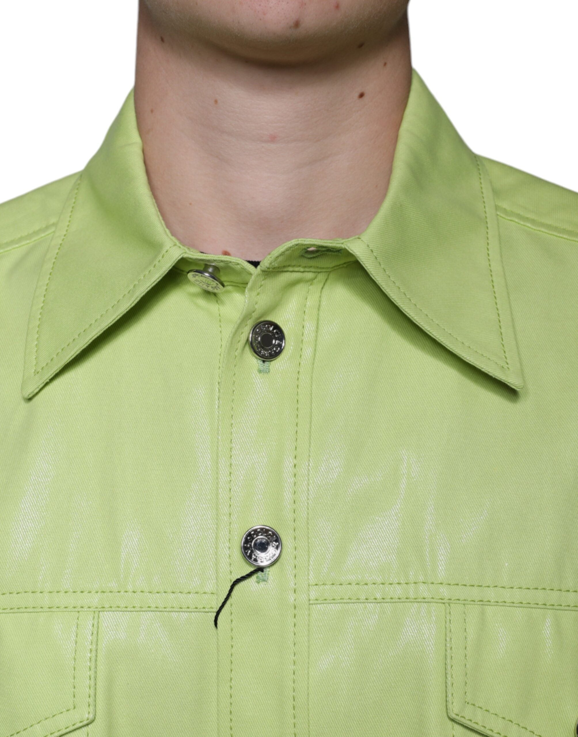 Green cotton collared men's button-down shirt by Dolce & Gabbana, showcased on a hanger with detailed fabric texture.