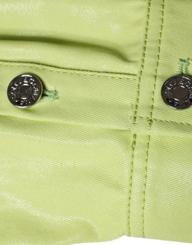 Green cotton collared men's button-down shirt by Dolce & Gabbana, shown on a hanger with visible collar and button details.