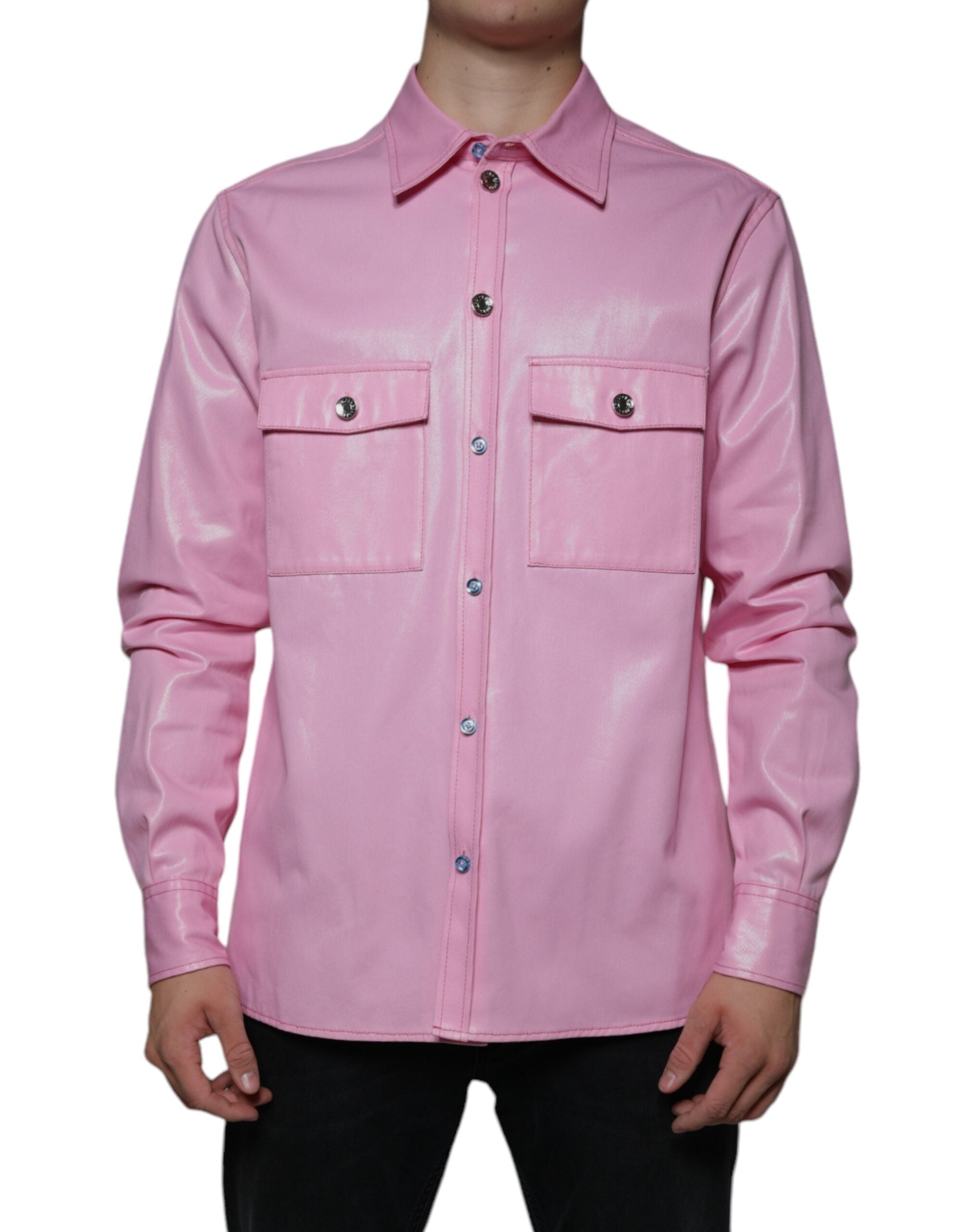 Pink cotton collared button-down shirt by Dolce & Gabbana, featuring long sleeves and classic design.