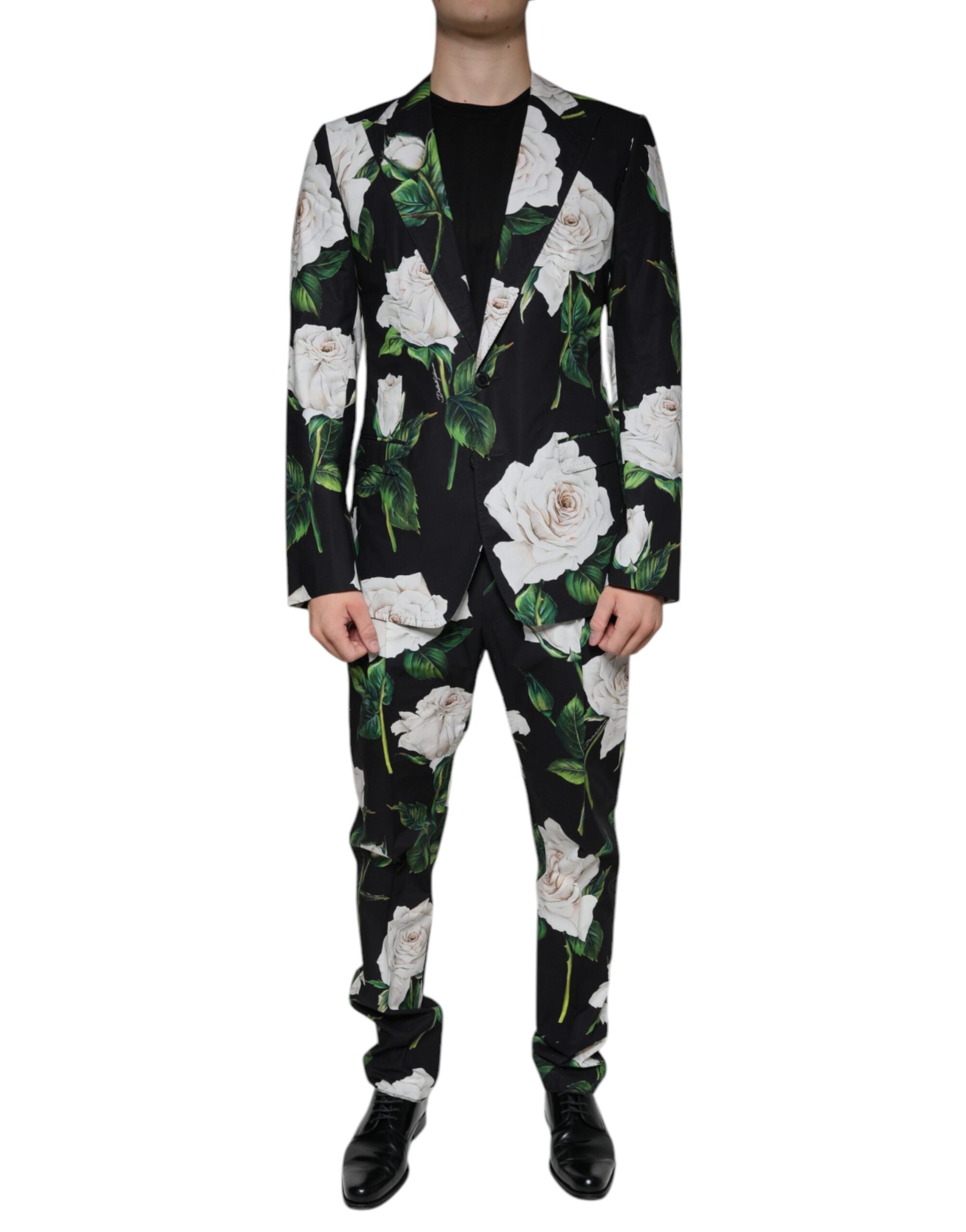 Black Rose Cotton Men’s formal 2-piece suit by Dolce & Gabbana, featuring a tailored jacket and matching trousers.