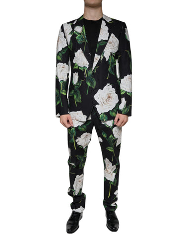 Black Rose Cotton Men’s formal 2-piece suit by Dolce & Gabbana, featuring a tailored jacket and matching trousers.