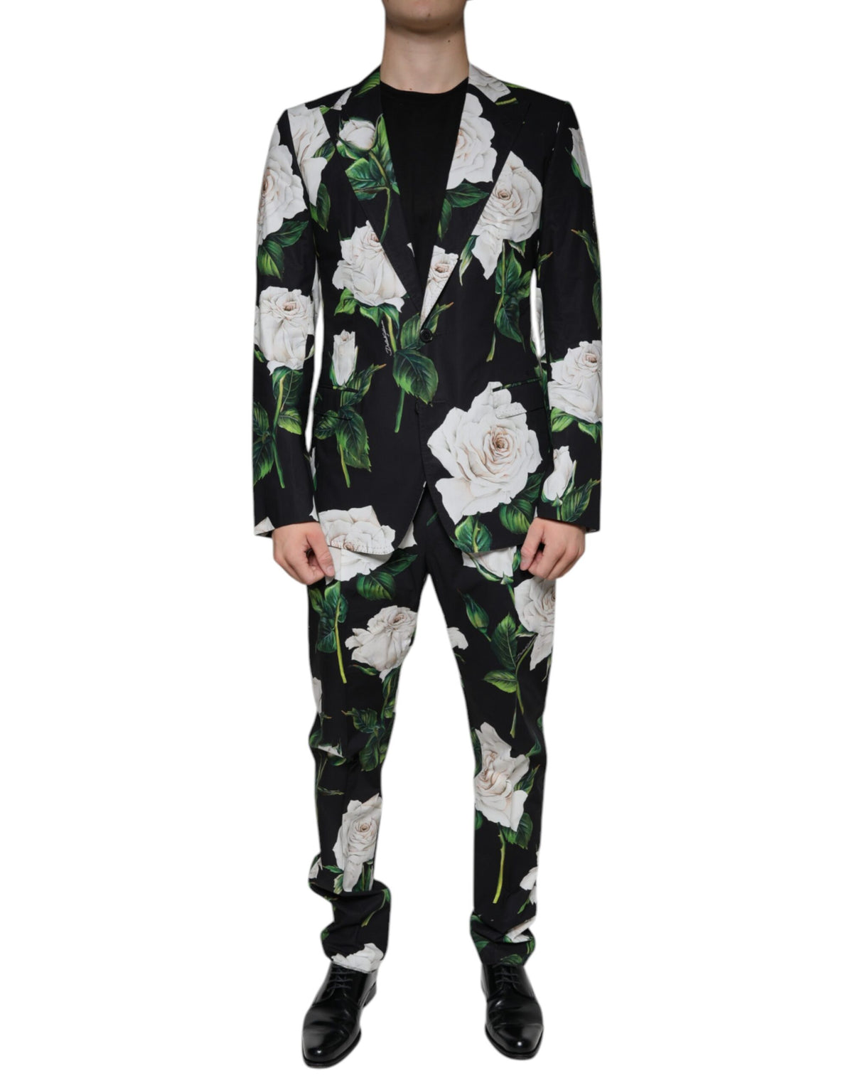 Black Rose Cotton Dolce & Gabbana men's 2-piece formal suit, featuring a tailored jacket and matching trousers.