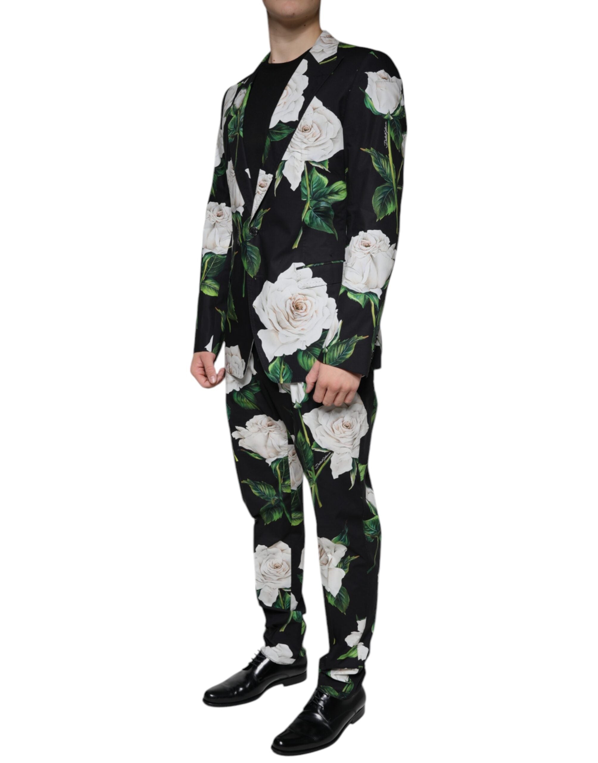 Black Rose cotton men's formal 2-piece suit by Dolce & Gabbana, featuring tailored jacket and matching trousers.