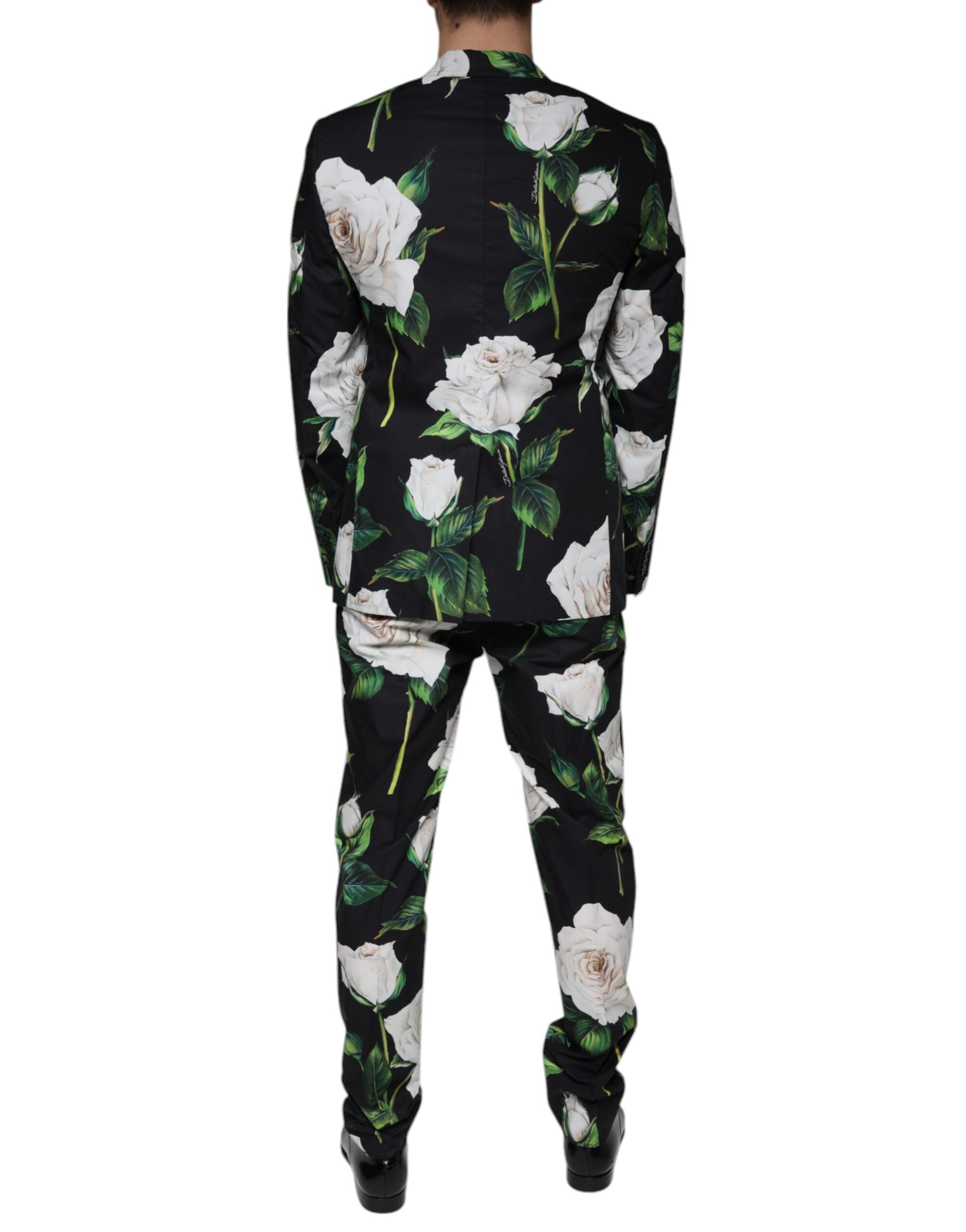 Black Rose cotton men's formal 2-piece suit by Dolce & Gabbana, featuring a tailored jacket and matching trousers.