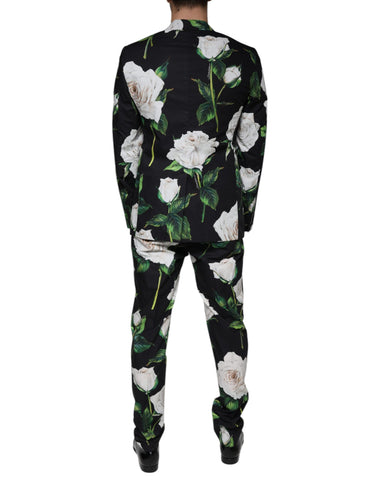 Black Rose cotton men's formal 2-piece suit by Dolce & Gabbana, featuring a tailored jacket and matching trousers.