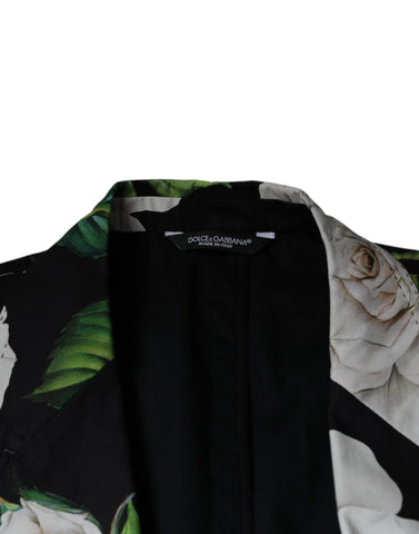 Black Rose cotton men's formal 2-piece suit by Dolce & Gabbana, featuring a tailored jacket and matching trousers.