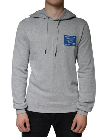 Gray cotton hooded sweatshirt with Dolce & Gabbana logo, casual sweater with front pocket and adjustable drawstrings.