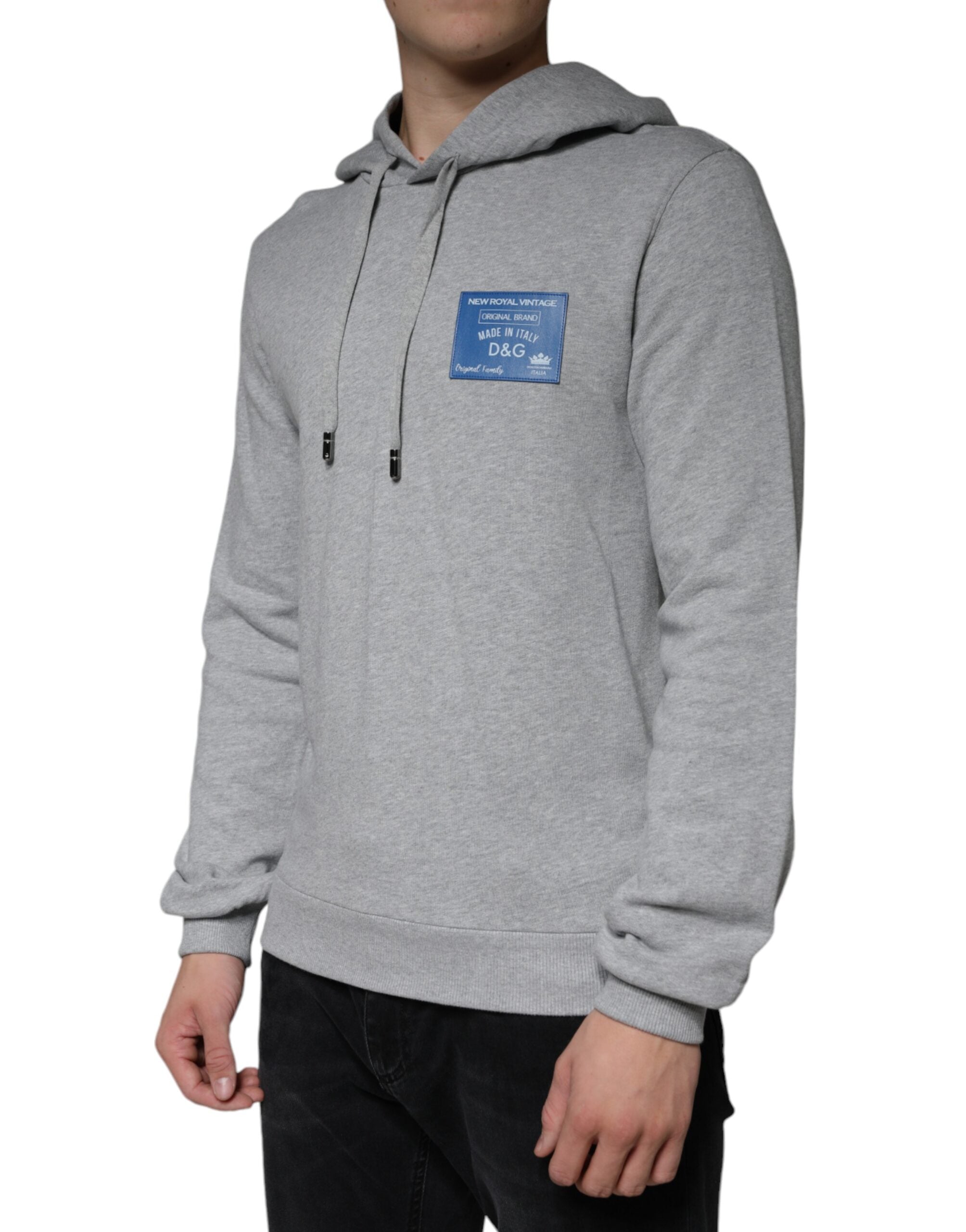 Gray cotton hooded sweatshirt with Dolce & Gabbana logo, featuring a relaxed fit and casual style.