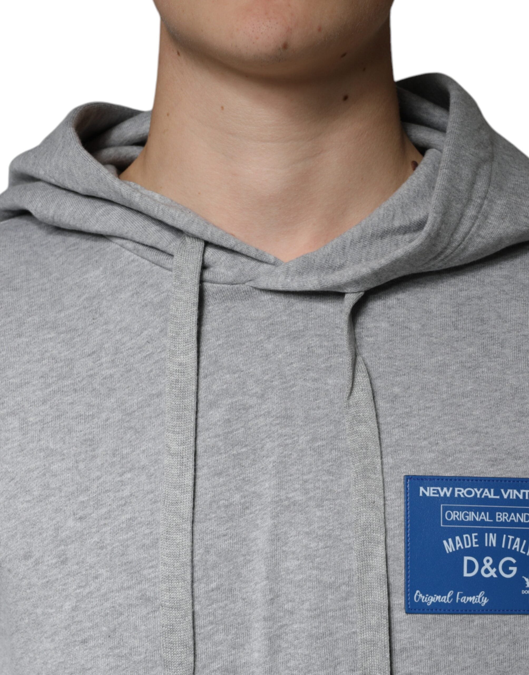 Gray cotton hoodie sweatshirt with Dolce & Gabbana logo, featuring a hood, long sleeves, and a casual fit.