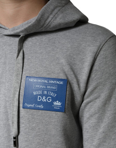 Gray cotton hoodie sweatshirt with Dolce & Gabbana logo, featuring a front kangaroo pocket and drawstring hood.