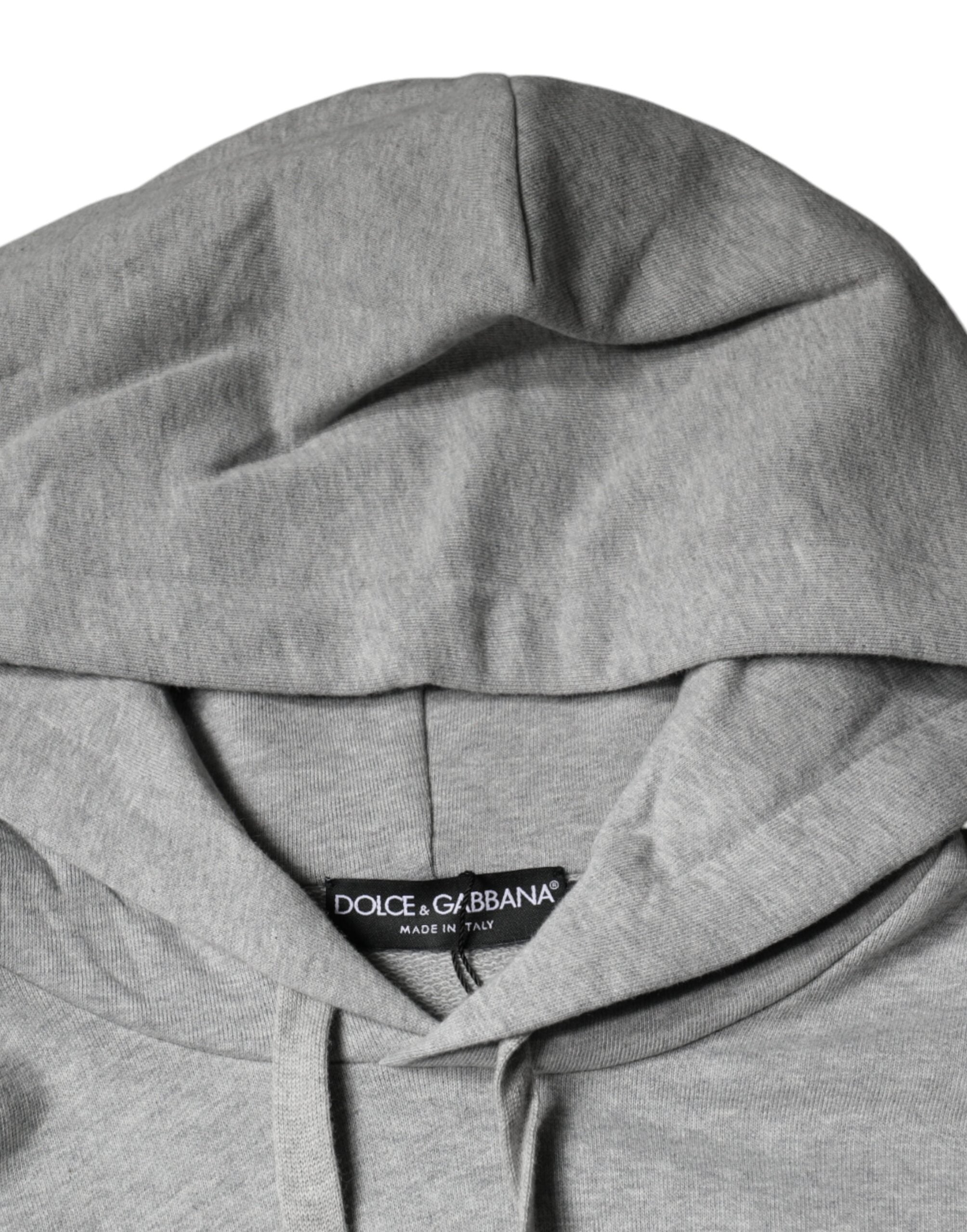 Gray cotton hoodie sweatshirt with Dolce & Gabbana logo, featuring a drawstring hood and relaxed fit.