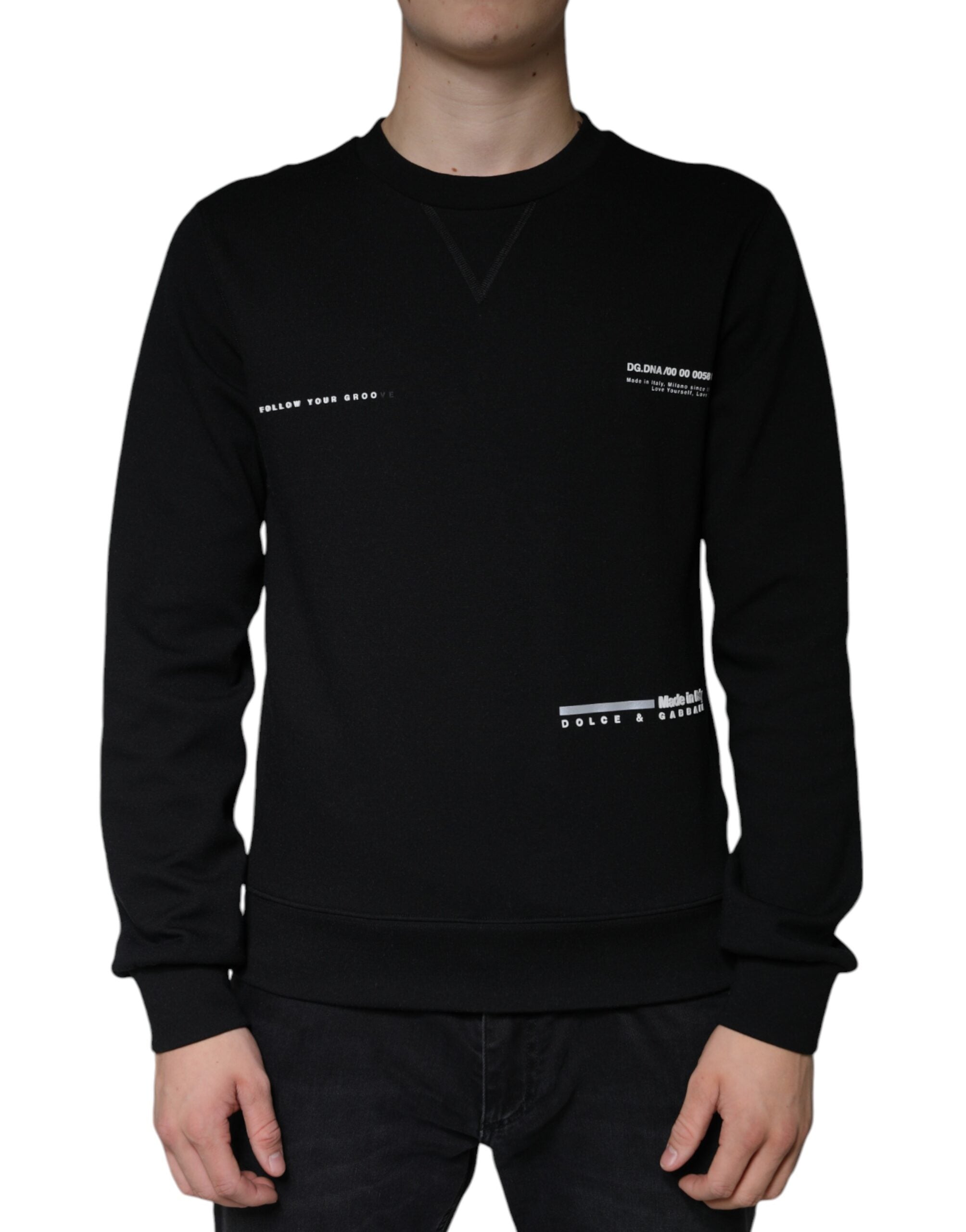 Black crewneck sweatshirt with Dolce & Gabbana logo print, featuring a comfortable fit and stylish design.