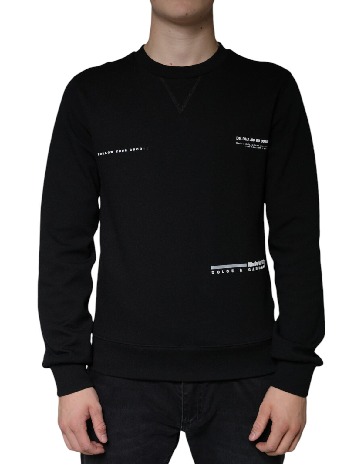 Black Dolce & Gabbana logo print crewneck sweatshirt with long sleeves and ribbed cuffs, displayed on a plain background.