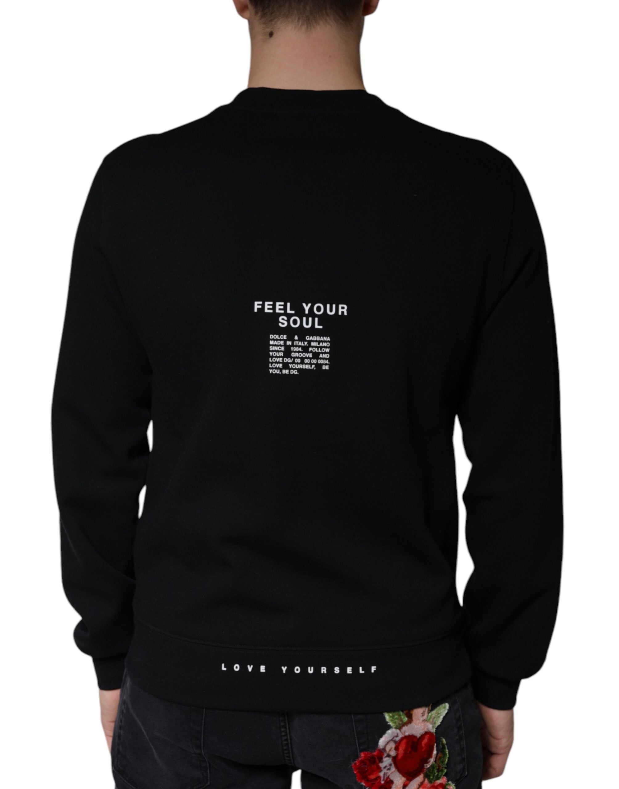 Black Dolce & Gabbana logo print crewneck sweatshirt with long sleeves and ribbed cuffs, displayed flat.