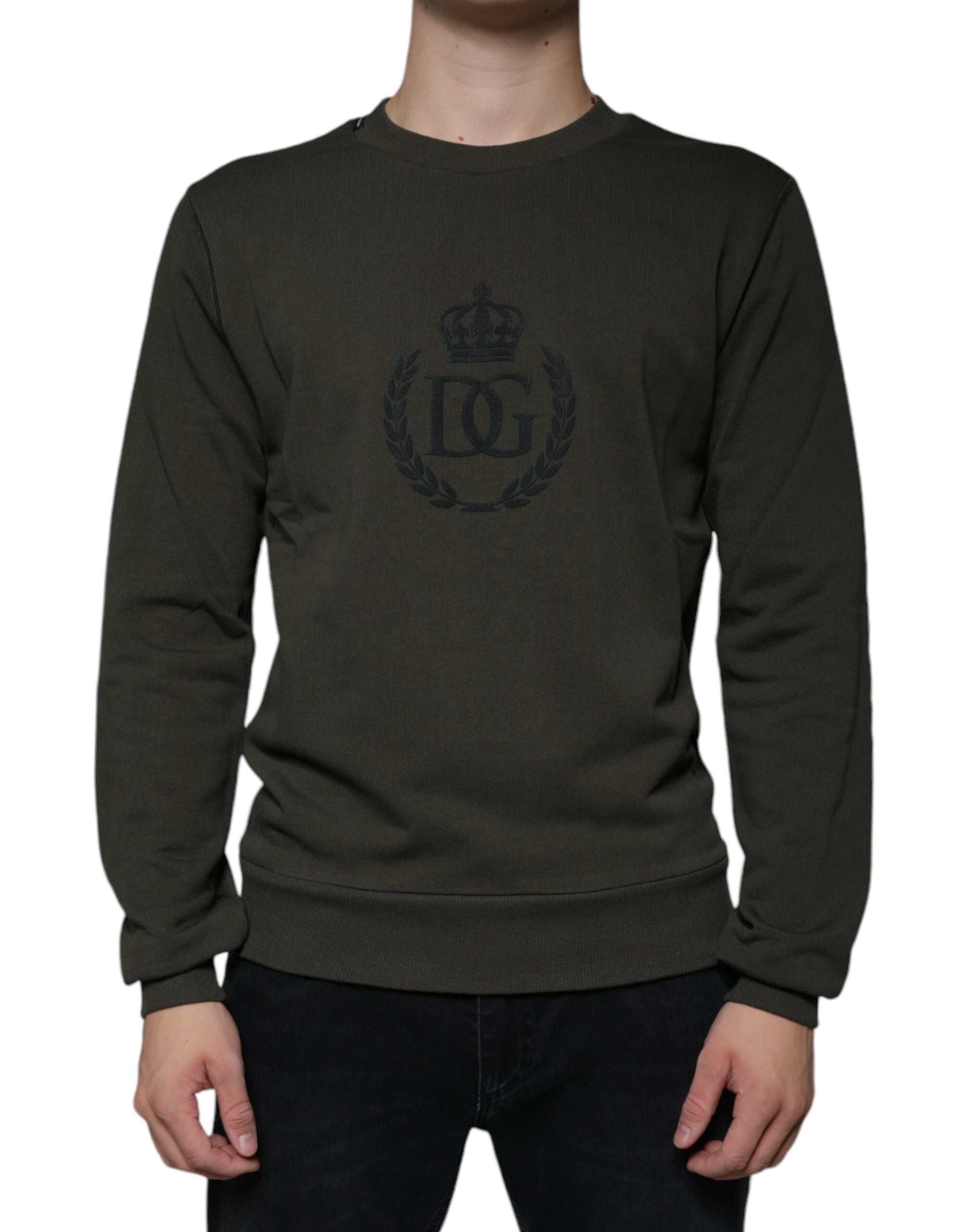 Army green Dolce & Gabbana DG Crown crew neck pullover sweater, knit fabric with ribbed cuffs and collar, front crown logo detail.