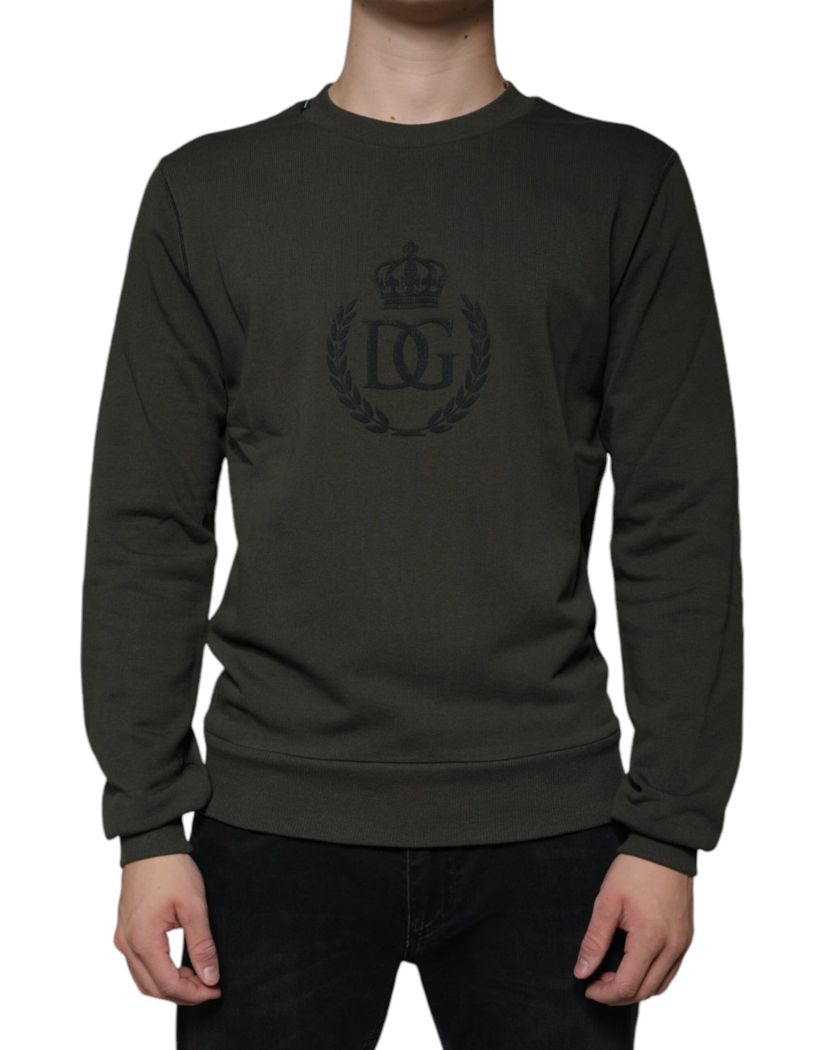 Army green Dolce & Gabbana DG Crown crew neck pullover sweater, knit fabric with ribbed cuffs and collar, front crown logo detail.