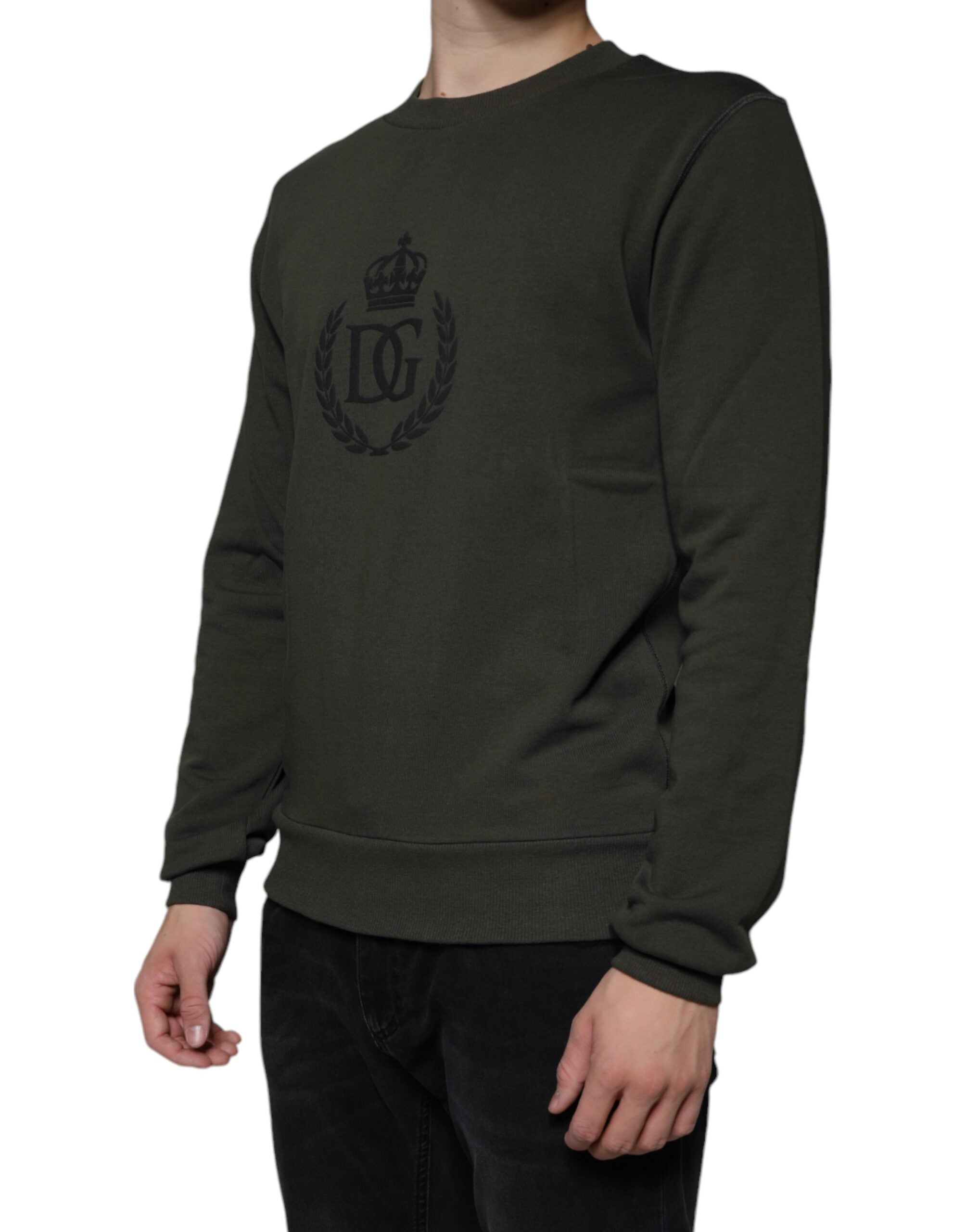 Dolce & Gabbana army green DG Crown crew neck pullover sweater displayed on a model.