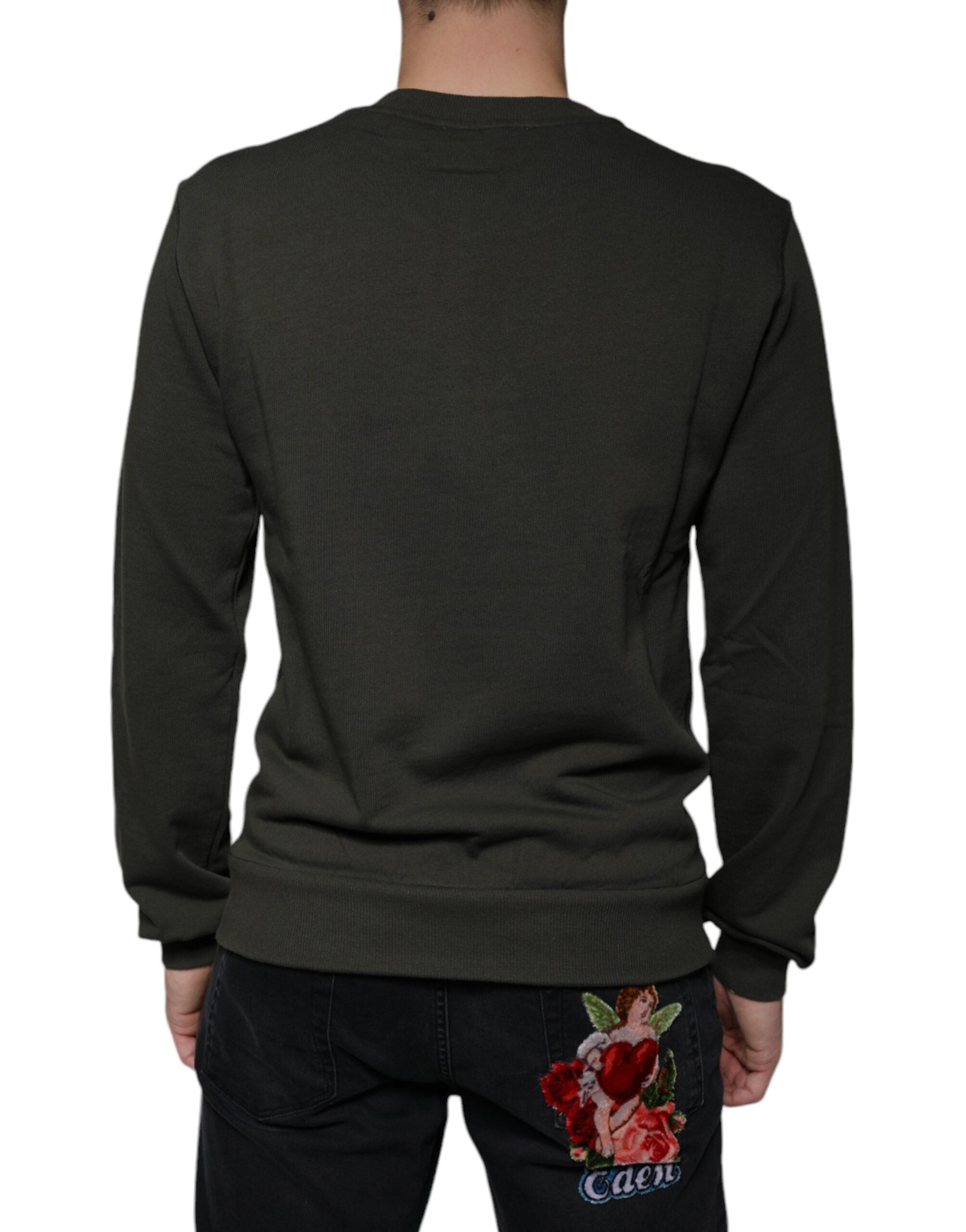 Dolce & Gabbana army green DG Crown crew neck sweater with ribbed cuffs and neckline, casual knit pullover for men.