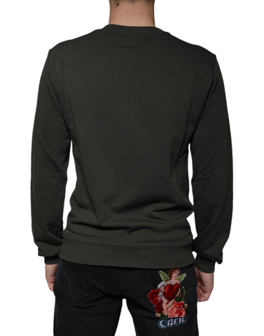 Dolce & Gabbana army green DG Crown crew neck sweater with ribbed cuffs and neckline, casual knit pullover for men.