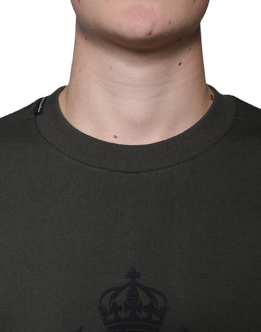 Dolce & Gabbana army green DG Crown crew neck sweater with ribbed collar and cuffs, soft knit fabric, and logo detail.