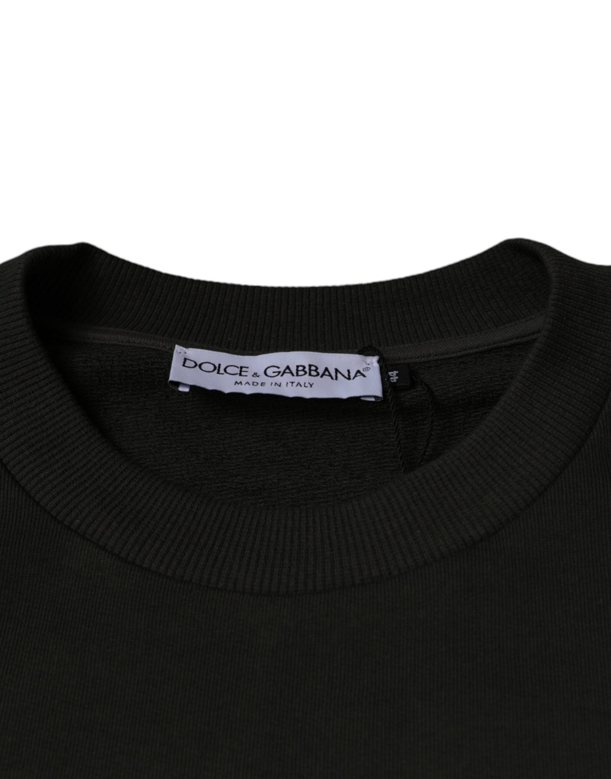 Army green Dolce & Gabbana DG Crown crew neck pullover sweater with ribbed cuffs and neckline, knit fabric, close-up view.