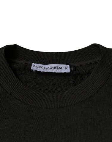 Army green Dolce & Gabbana DG Crown crew neck pullover sweater with ribbed cuffs and neckline, knit fabric, close-up view.