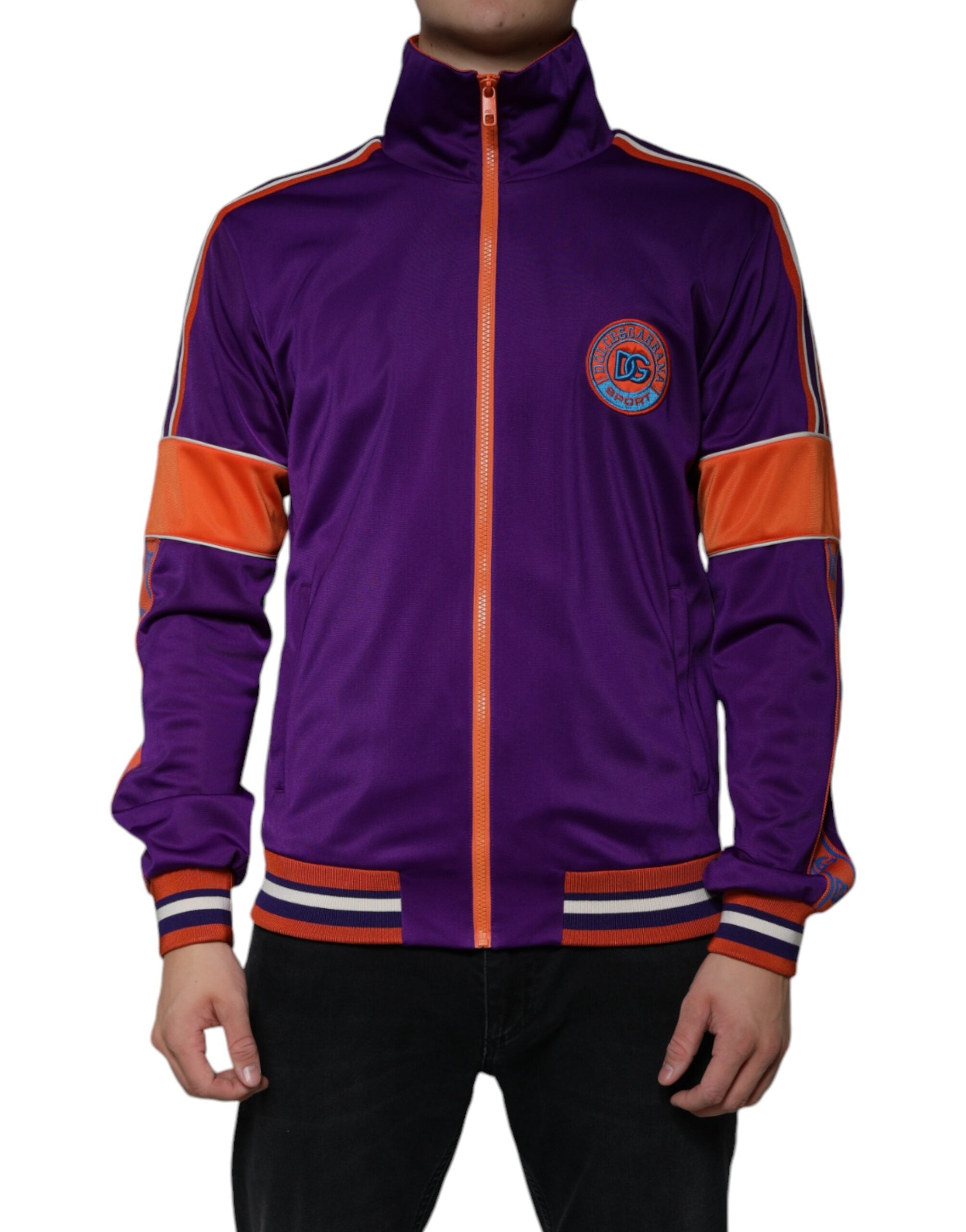 Purple Dolce & Gabbana polyester full-zip long sleeve sweater displayed on a hanger.
