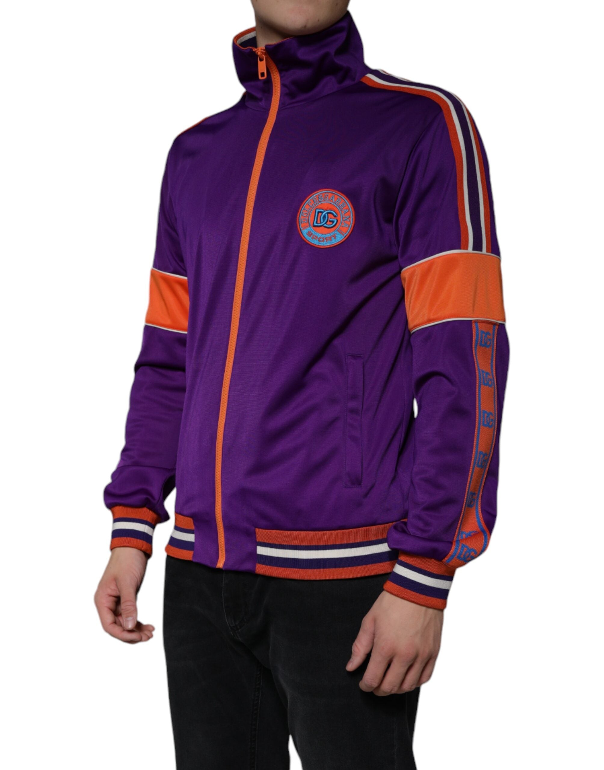 Purple Dolce & Gabbana polyester full zip long sleeve sweater hanging on a wooden hanger.