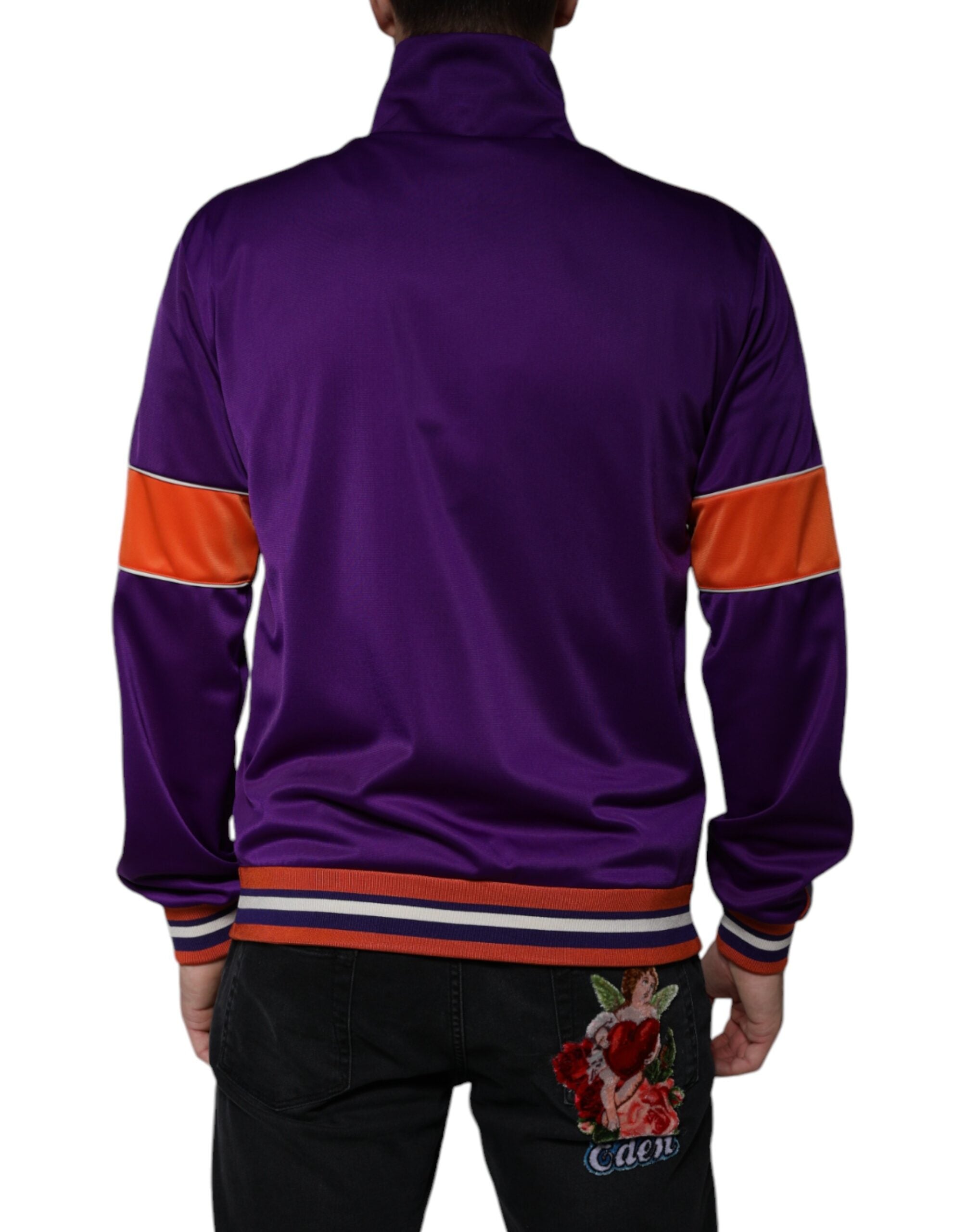 Purple polyester full-zip long sleeve sweater by Dolce & Gabbana, shown with a close-up of the fabric and zipper details.