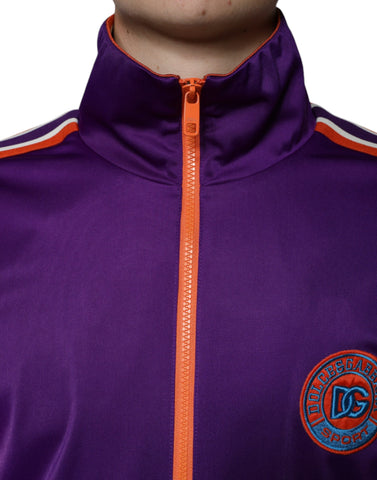 Purple polyester full-zip long sleeve sweater by Dolce & Gabbana, shown on a model with a close-up view of the fabric and zipper details.