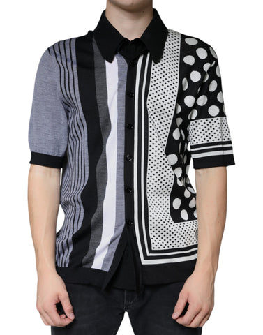 Black and white polka dot collared Polo T-shirt by Dolce & Gabbana, featuring a classic polo design with a stylish dotted pattern.