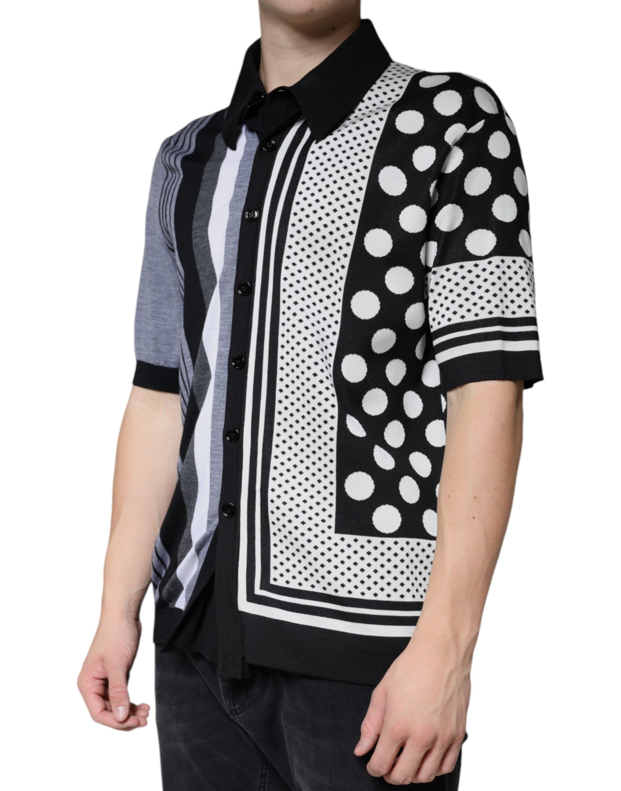 Black and white polka dot collared polo T-shirt by Dolce & Gabbana, featuring a classic button-up design and soft fabric.