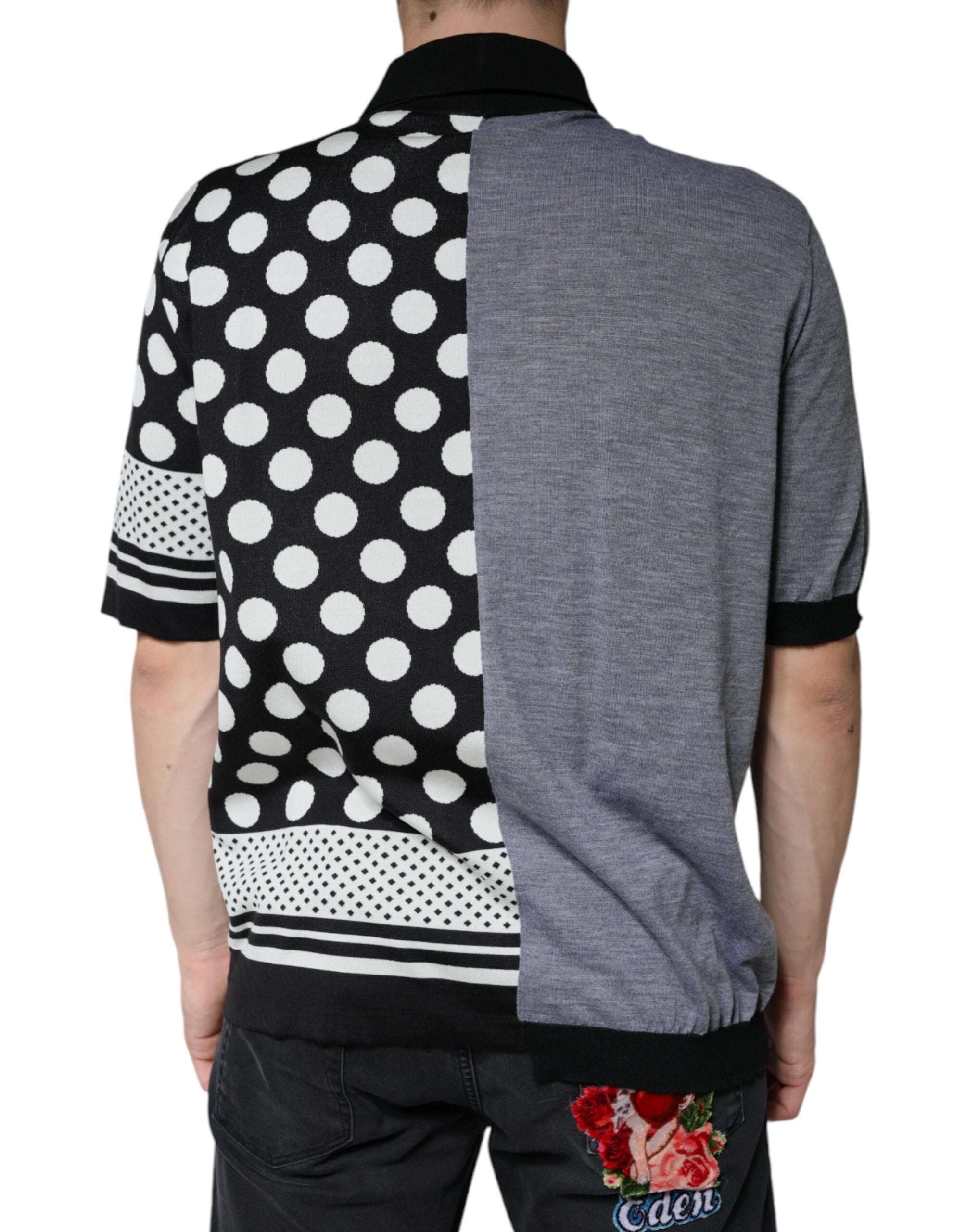 Dolce & Gabbana black and white polka dot collared polo T-shirt with short sleeves and button front.